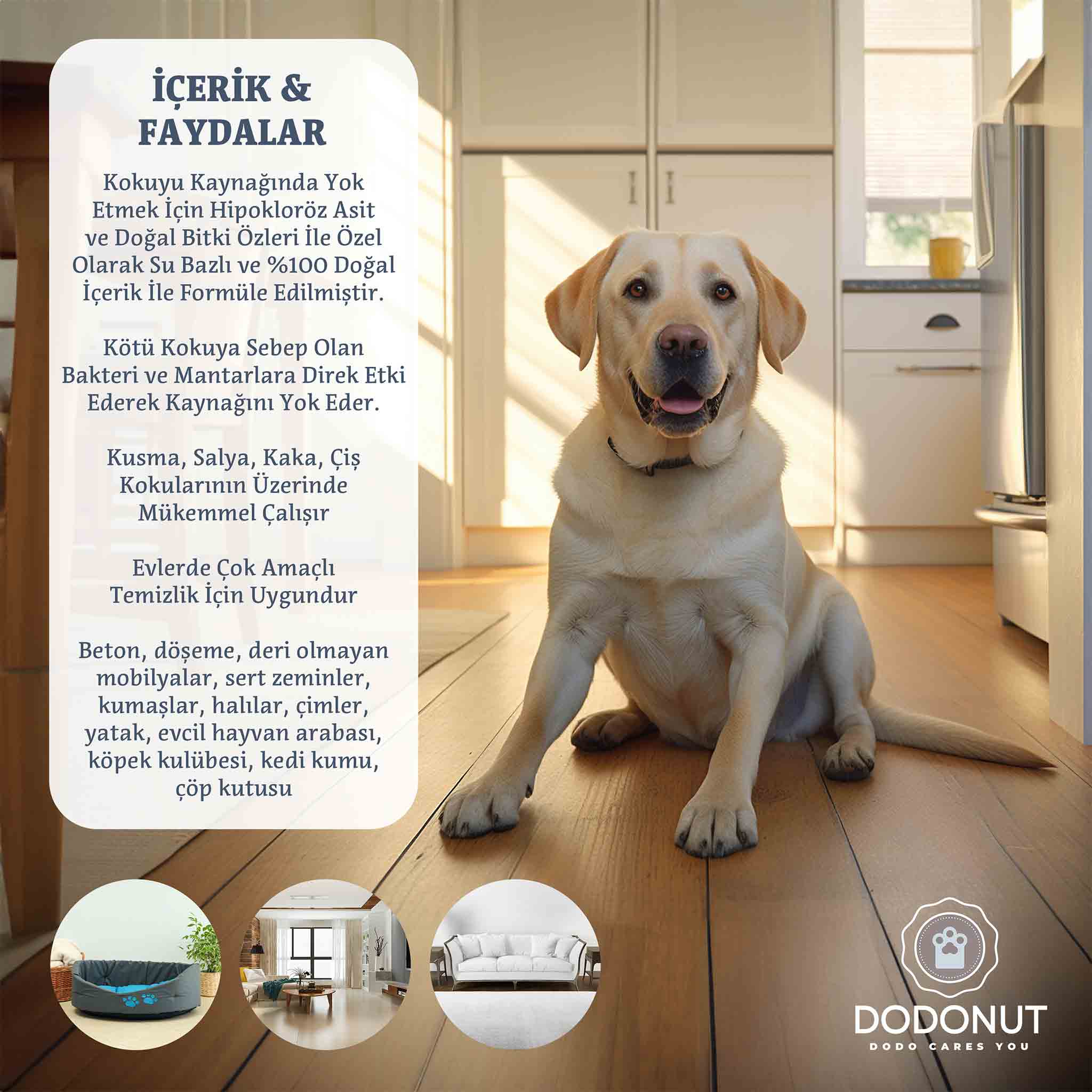Dodonut Freshy Yeni Nesil Koku Giderici Sprey içeriğinde bulunan Hipokloröz Asit (HClO), &nbsp;su, tuz ve elektrik enerjisi ile üretilen %100 doğal bir üründür. HClO, su ve tuzun iyonlaştırılmasıyla elde edilen doğal bir asit olup, tüm memelilerde doğal olarak beyaz kan hücreleri tarafından üretilir. Zayıf asidik özelliği ile alerjiye neden olmaz, tahriş etmez.