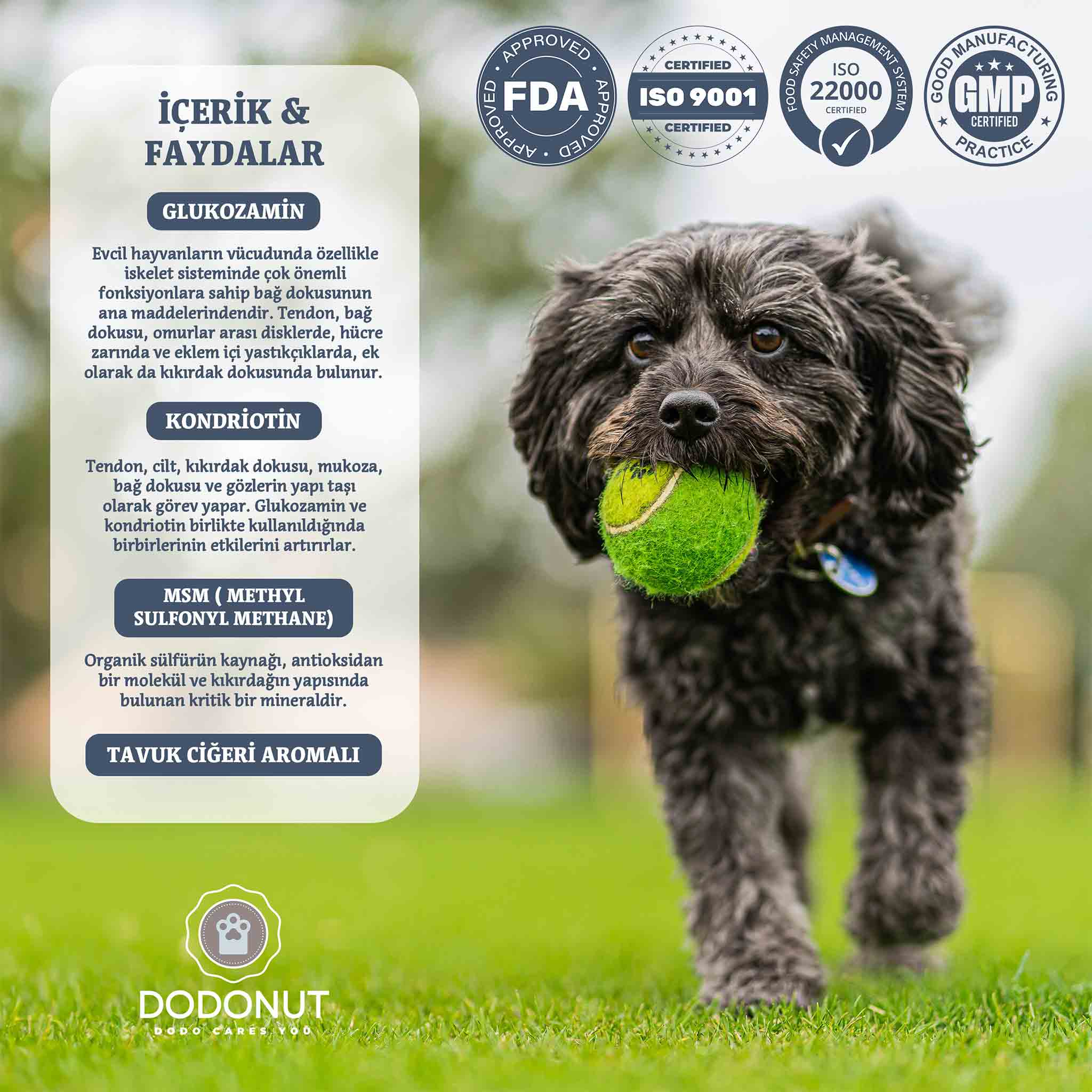 Dodonut HappyHips, köpeklerin sağlıklı ve güçlü eklemlere sahip olarak dilediklerince koşup yaşayabilmeleri için özel olarak formüle edilmiş destek ürünüdür.