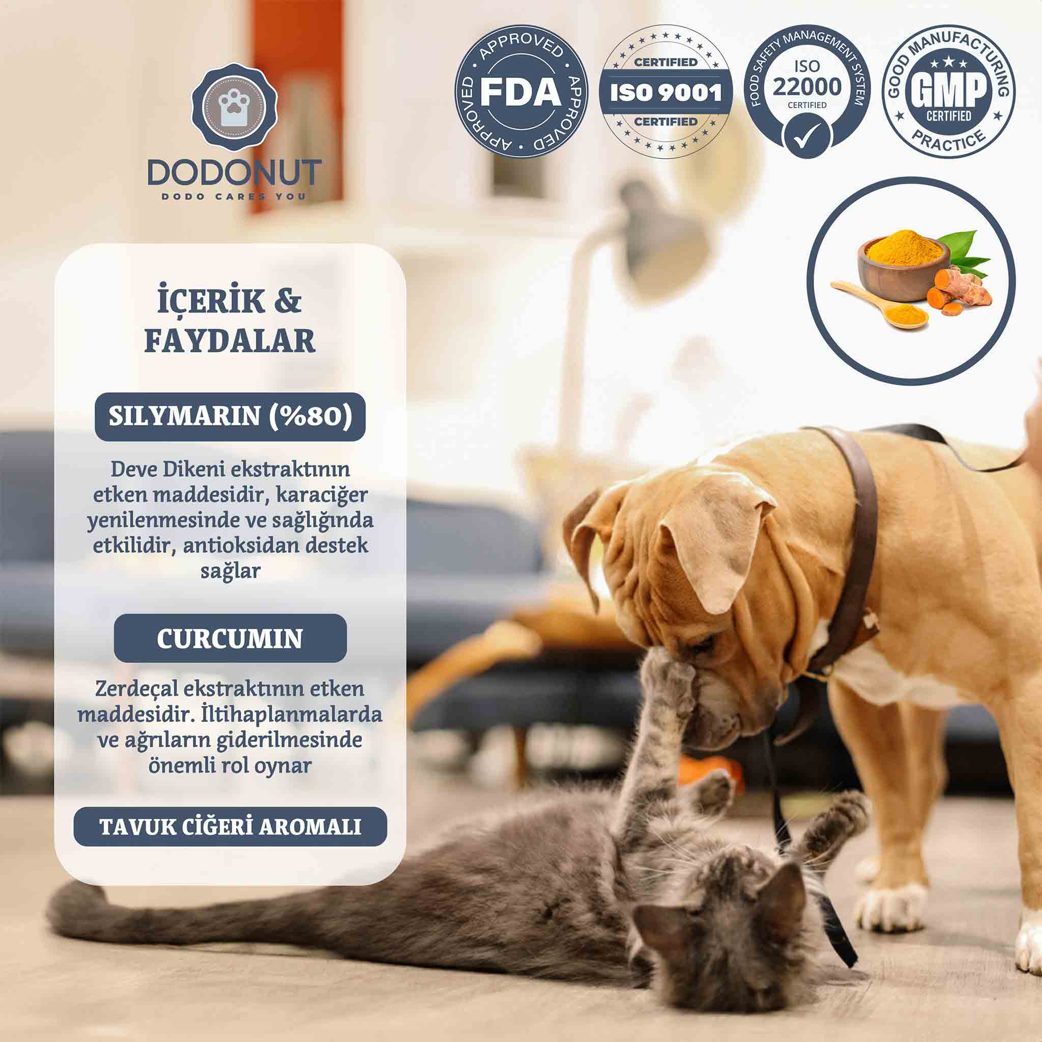Dodonut Liver&amp;Kidney: Kedi ve köpeklerin bağışıklık sistemini destekleyen, karaciğer ve böbrek fonksiyonlarını düzenlemeye yardımcı bir besin tavsiyesidir.