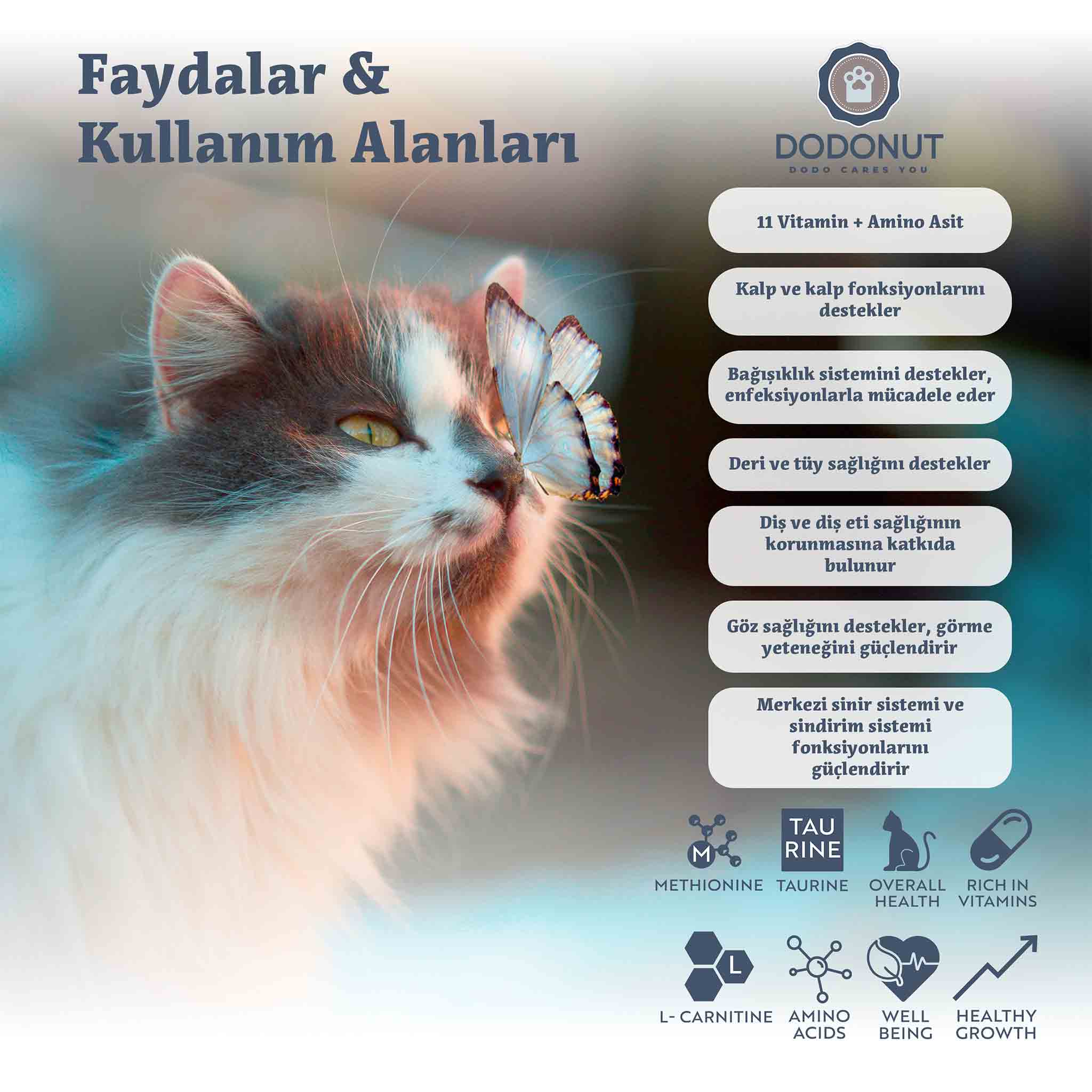 Dodonut MultiBoost Malt, 3 aydan büyük kedilerin sağlıklı gelişimini ve hastalıklara karşı direncini desteklemek için formülize edilmiş 11 farklı vitamin ve amino asitten oluşan zengin içeriğe sahip bir premikstir. Tavuk ciğeri aroması ile tüylü dostlarımızın karşı koyamayacağı bir lezzete sahiptir, kullanımı kolaydır. 11 Vitamin + Amino Asit: Gelişimi destekleyen ve metabolizmayı dengeleyen güçlü bir kombinasyon sunar.