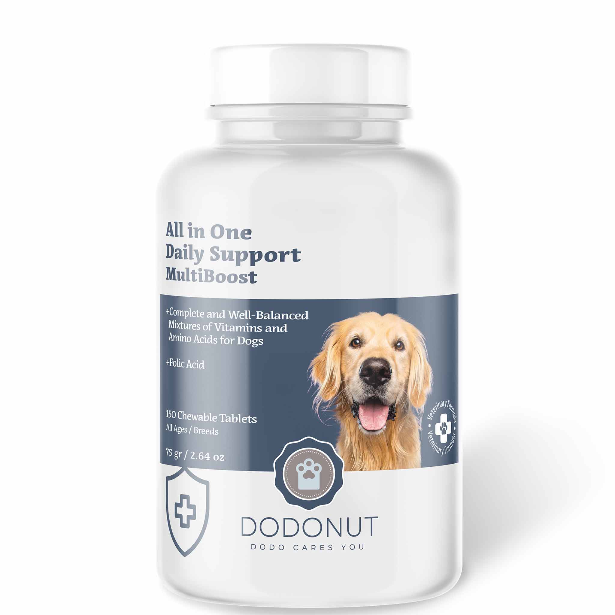 Dodonut MultiBoost tablet yavru ve yetişkin köpeklerin sağlıklı gelişimini ve hastalıklara karşı direncini desteklemek için oluşturulmuş dengeli bir Vitamin ve Amino Asit karışımıdır. Tavuk ciğeri aroması ile tüylü dostlarımızın karşı koyamayacağı bir lezzete sahiptir. İçeriğinde bulunan vitamin ve amino asit dengesiyle yavru ve yetişkin köpeklerin deri ve kürk sağlığını, sindirimini, beyin ve kalp sağlığını destekler.