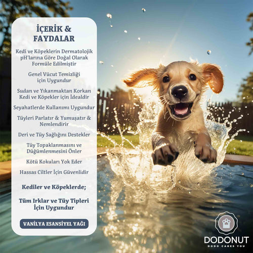 Dodonut Pure&amp;Care Doğal Kuru Köpük Şampuanı, Aloe Vera Ektraktı, Zeytinyağı, Vanilya, Hidrolize İpek Proteini ve multivitamin kompleksi gibi tamamen doğal bileşenlerden oluşur, tüylü dostlarınızın vücudunu ve tüylerini susuz temizler, tüylerin bakımını kolaylaştırır, kötü kokuları giderir.