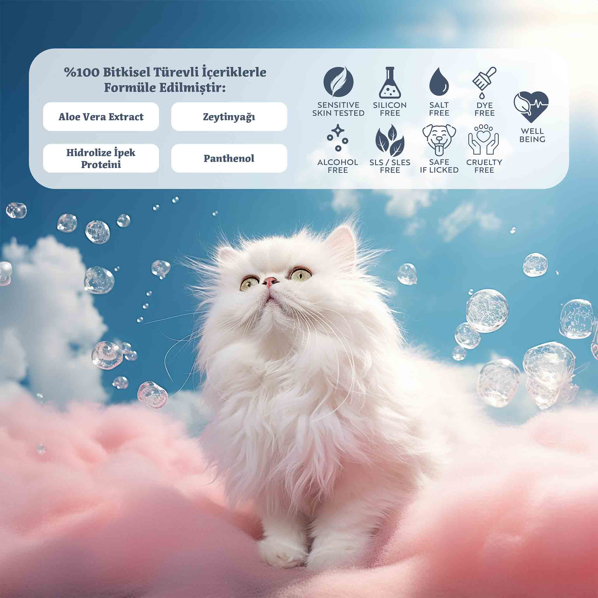 Dodonut Pure&amp;Care Doğal Kuru Köpük Şampuanı, Aloe Vera Ektraktı, Zeytinyağı, Vanilya, Hidrolize İpek Proteini ve multivitamin kompleksi gibi tamamen doğal bileşenlerden oluşur, tüylü dostlarınızın vücudunu ve tüylerini susuz temizler, tüylerin bakımını kolaylaştırır, kötü kokuları giderir.