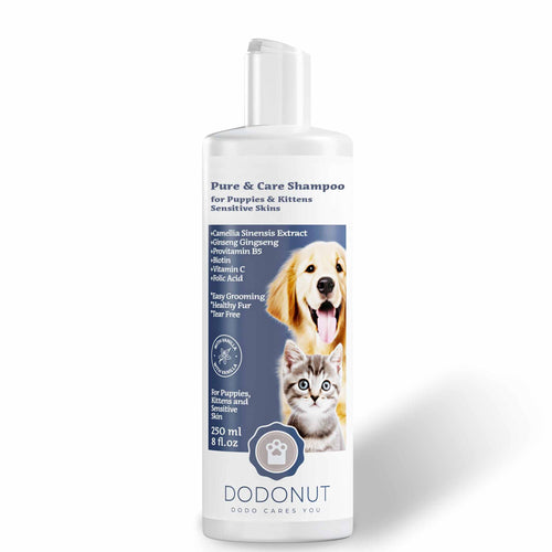 Dodonut Pure&amp;Care, hassas ciltlere sahip kedi ve köpekler için özel olarak geliştirilmiş doğal ve hipoalerjenik bir şampuandır.