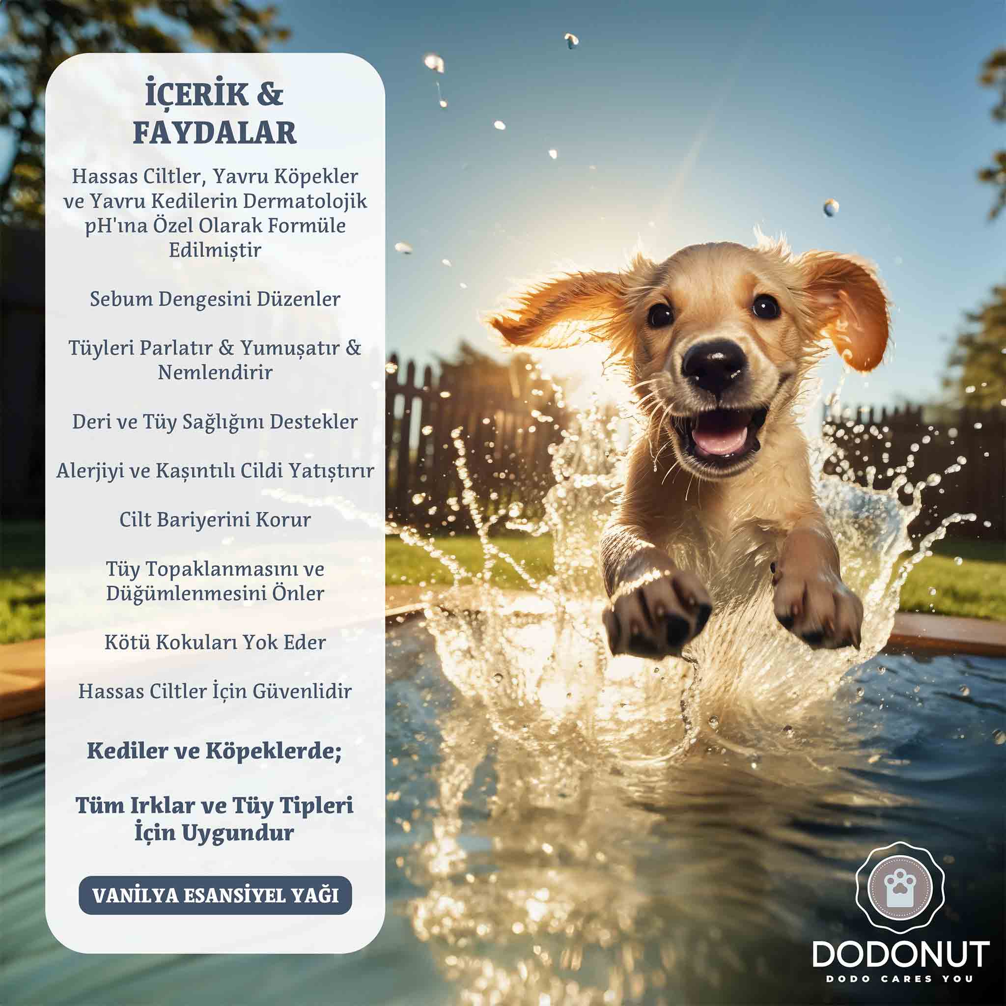 Dodonut Pure&amp;Care, hassas ciltlere sahip kedi ve köpekler için özel olarak geliştirilmiş doğal ve hipoalerjenik bir şampuandır.