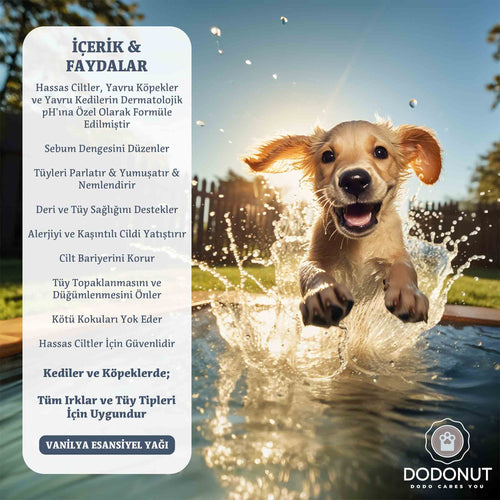 Dodonut Pure&amp;Care, hassas ciltlere sahip kedi ve köpekler için özel olarak geliştirilmiş doğal ve hipoalerjenik bir şampuandır.